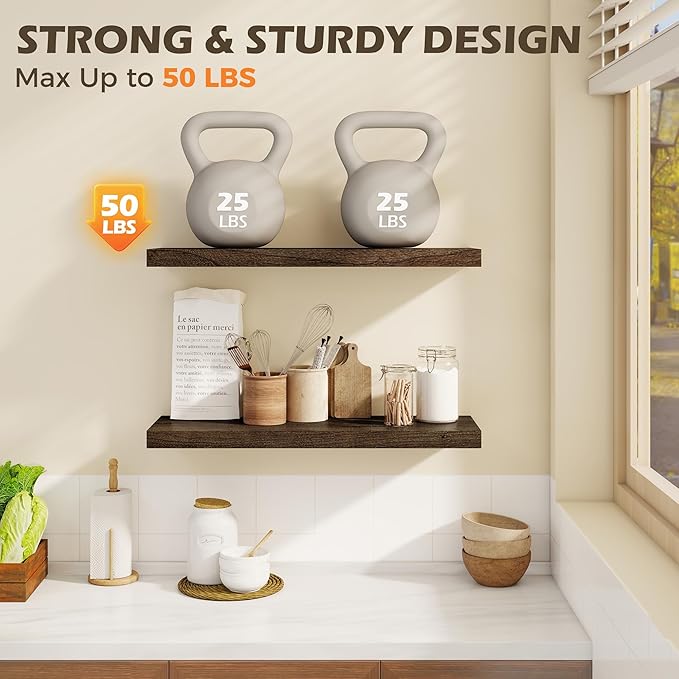 30 Inch Floating Shelves for Wall, 8"D High End Solid Hardwood Shelves for Decor Storage, Rustic Wall Shelves with Invisible Heavy Duty Brackets for Living Room, Kitchen, Bathroom, Walnut, 2 Pack