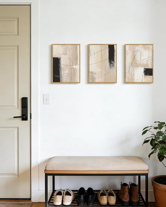 KUVIOKE Abstract Framed Wall Art Minimalist Beige Pastel Watercolor Neutral Wall Decor Modern Black Line Art Painting Home Decor 11x14in (Natural Framed)
