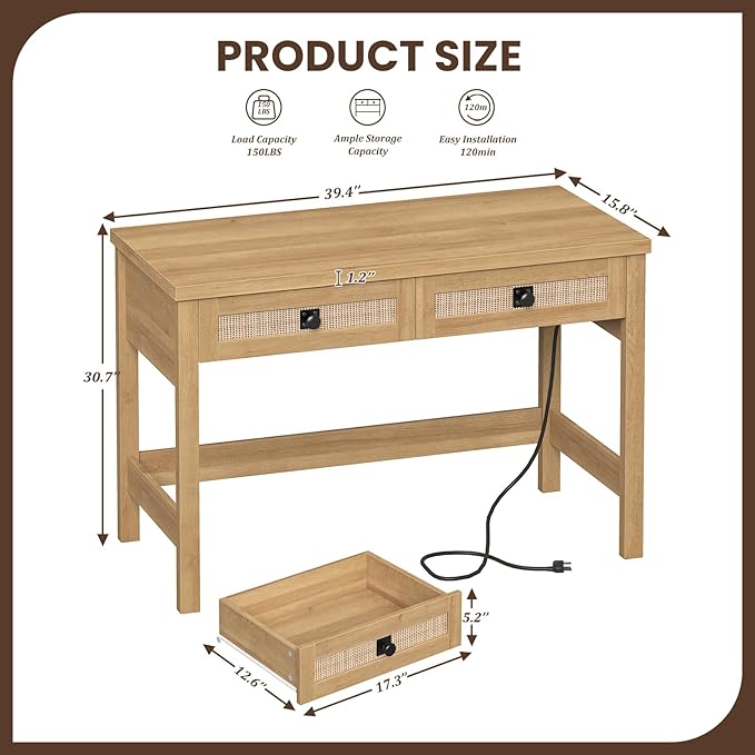 YOMILUVE Rattan Computer Desk with 2 Drawers, 39 Inch Small Desk with Power Outlets, Farmhouse Boho Vanity Desks, Compact Writing Study Table for Small Spaces, Oak