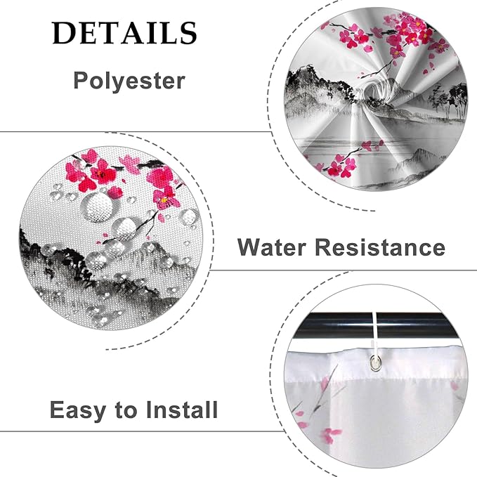 Baocicco Plum Blossom Shower Curtain Pink Cherry Blossom Floral Misty Mountains Shower Curtains Decorative for Bathroom Waterproof Fabric Shower Curtain with Hooks 72x96 Inches