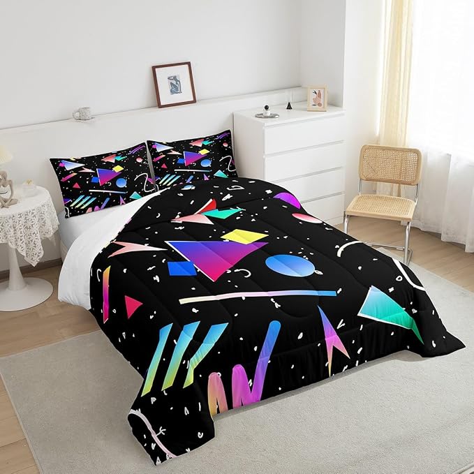 Manfei Memphis Comforter Set Full Size, Colorful Geometric Abstract Bedding Set 3pcs for Kids Boys Girls, Retro 80s 90s Fashion Style Quilt Set Soft Polyester Duvet Set with 2 Pillowcases