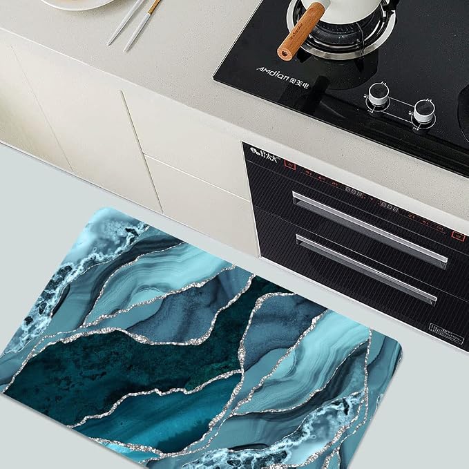 Diatomaceous Earth Bath Mat,Blue and Silver Marble Non-Slip Volume Super Absorbent Fast Drying for Bathroom Kitchen Door mat,Eco-Friendly Easy to Clean 16×24Inch (40 * 60cm)