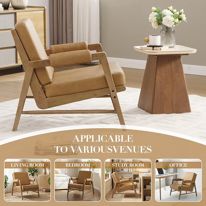 CIMOTA Mid Century Modern Accent Chair Set of 2, Leather Upholstered Living Room Chairs with Arms, Comfy Reading Chair with Solid Wood Frame, High Back for Bedroom, Waiting Room, Office, Brown