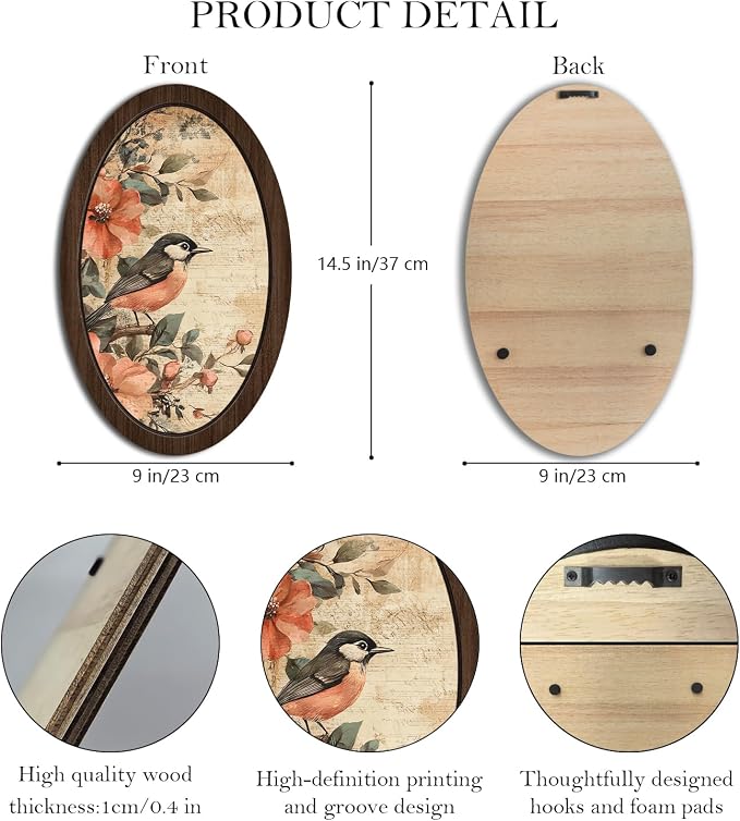 UYIKG Vintage Bird Floral Oval Wooden Framed Wall Art Decor,Rustic Farmhouse Cottage Core Decor,Vintage Wall Decor for Theme Room Home Bedroom Living Room Home Office 9x14.6 in