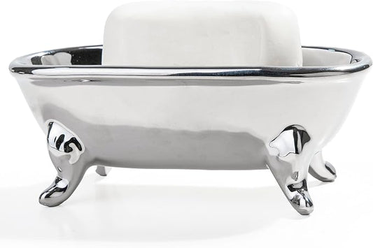 6.7" Ceramic Mini Clawfoot Bathtub Bar Soap Dish, Decorative Bar Soap Holder, Soap Tray Sponge Holder for Shower, Bathroom & Kitchen Sink (Silver)