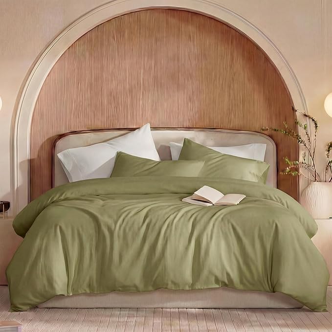 100% Washed Cotton Duvet Cover Queen Size – Avocado Green, Linen-Like Texture, Super Soft & Breathable Bedding Set, 3-Piece Durable Percale Comforter Cover