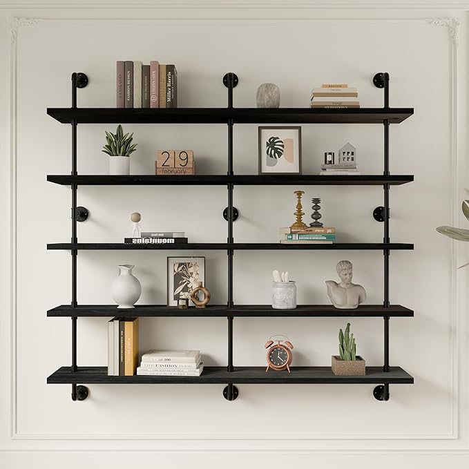 HDDFER Floating Shelves for Wall Bookshelf Industrial Pipe Shelving Shelves 60 Inch 5 Tier Natural Wood Planks Rustic Wall Shelves Hanging Bookshelves Farmhouse Kitchen Shelving