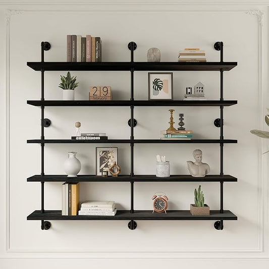 HDDFER Floating Shelves for Wall Bookshelf Industrial Pipe Shelving Shelves 60 Inch 5 Tier Natural Wood Planks Rustic Wall Shelves Hanging Bookshelves Farmhouse Kitchen Shelving