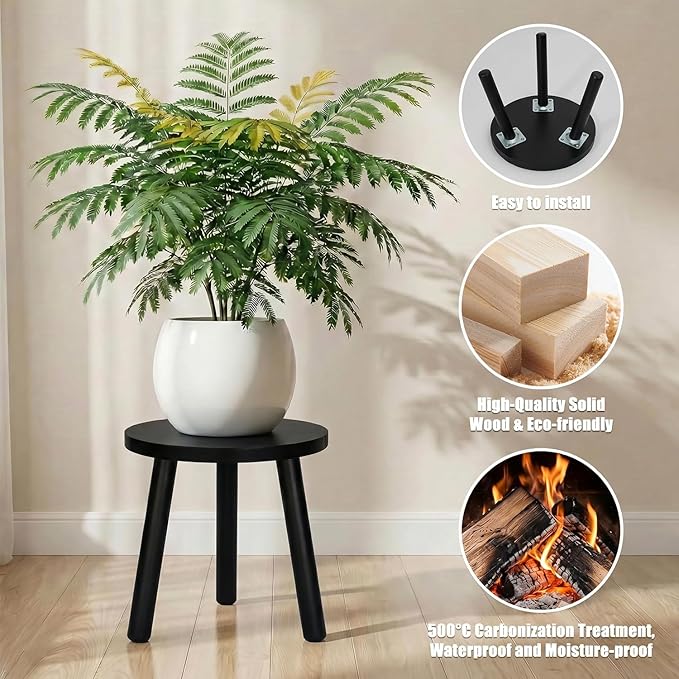 Wood Plant Stands Indoor, Black Plant Stand Modern Plant Table for Large Plants, Wooden Plant Stool, Tall Plant Holder Small Round Side for Living Room, Balcony, Office (1 Pack)