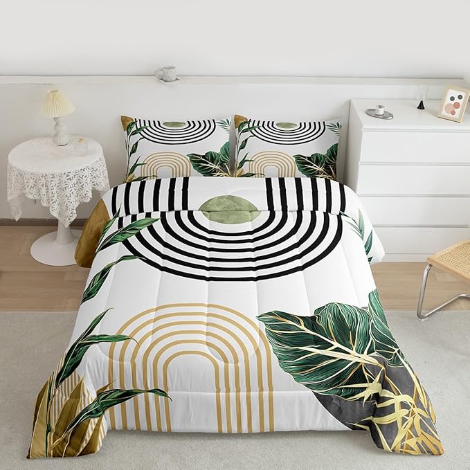 Erosebridal Boho Mid Century Toddler Bedding Set Vintage Minimalist Art Comforter Set Abstract Tropical Aesthetic Down Comforter for Kids Teens Retro Botanical Leaves Sun Bed Set Bedroom Decor