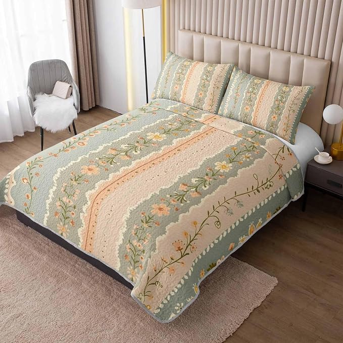 AILONEN King Quilted Comforter Set 3 Piece, Luxury Floral Vertical Bedspread Coverlet with 2 Pillowcases, Premium Apricot Bloom Bedding for Adults Suite Home Decor Upgrade Classic Forest
