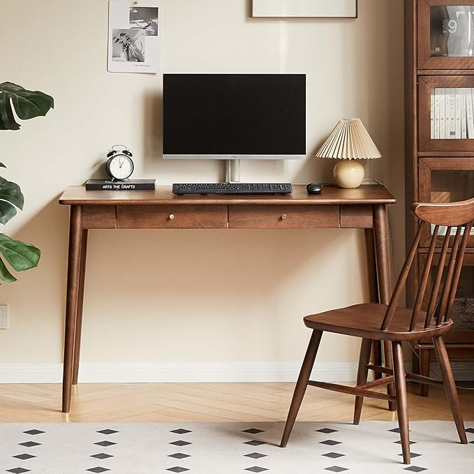 YESWOOD Solid Wood Desk, Mid Century Modern Home Office, Computer Desk with Drawers for Study Bedroom Living Room 55.11" W