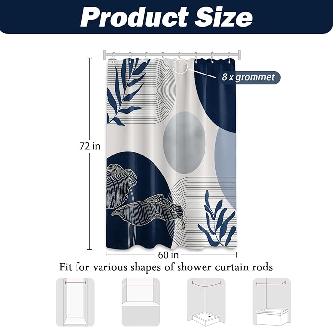 Navy Blue and White Shower Curtain Mid Century Modern Dark Blue Boho Shower Curtains for Bathroom Decor MCM Mens Cool Bath Curtain Set, Waterproof Fabric with Hooks 48 x 72 Inch