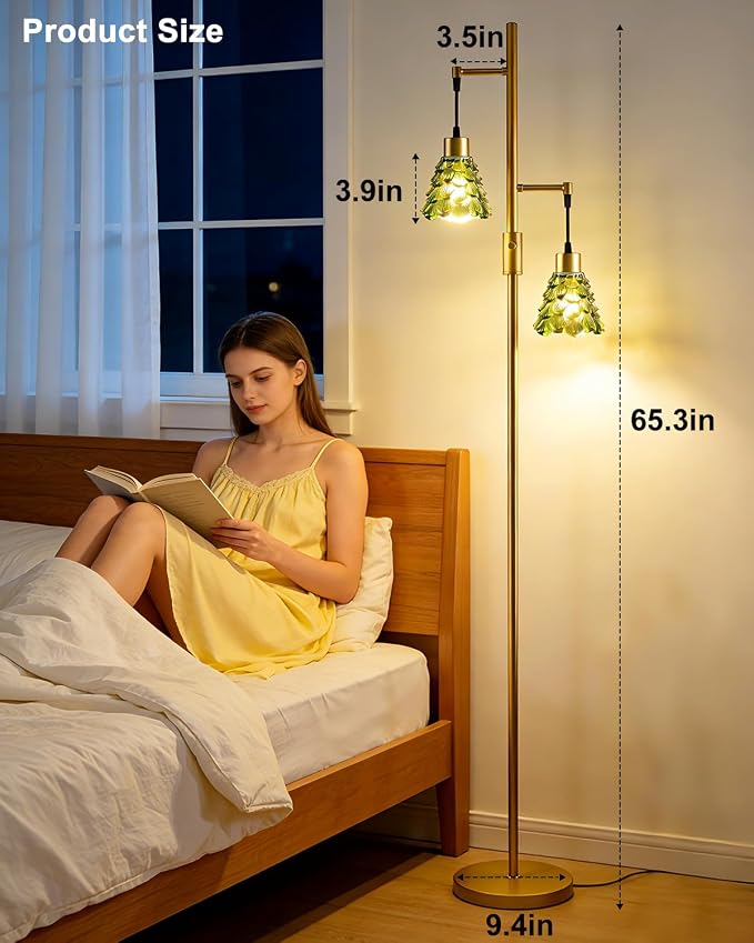 2-Light Modern Glass Floor Lamp, Gold Standing Tall Lamp with Green Shell Glass Shade, Dimmable LED Floor Lamp with 5Lbs Heavy Base for Living Room Bedroom Home Decor, Bulb Included