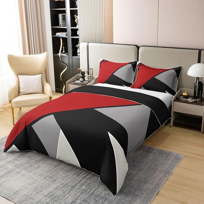 Erosebridal Red Black Grey Art 100% Cotton Duvet Cover Queen Geometric Patchwork Bedding Set for Kids Teens Adults Triangle Print Comforter Cover Modern Aesthetics Bed Set 3 Pcs