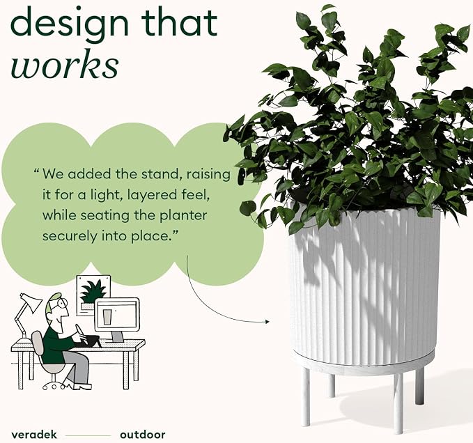 Veradek Demi Series Round Planter w/Stand for Porch/Patio | Durable Plastic-Stone Composite & Wooden Stand | Modern Décor for Tall Plants, Flowers