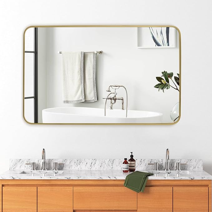 Gold Wall Mirror for Bathroom 30X48 Inch Stainless Steel Metal Frame Bathroom Vanity Mirror Rounded Rectangle Mirror Rustproof for Entryway, Living Room Hangs Vertically or Horizontally