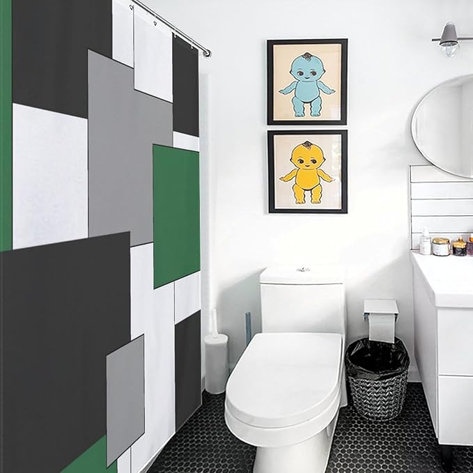 Retro Geometric Shower Curtain,Green Black Modern Geometry Minimalist Neutral Design Bathroom Curtain Polyester Waterproof Fabric Decor 72x72in（183x183cm）