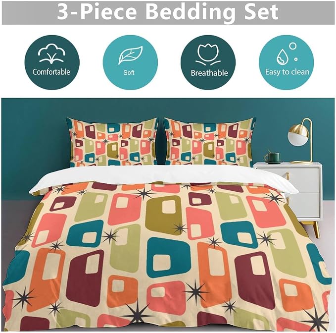Modern Mid Century Duvet Cover Queen Retro Atomic Bedding Set, Rainbow Grid Comforter Cover Vintage Fifties 1950s Bed Set，Abstract Art Bedding 3 Piece (1 Duvet Cover 102"x90" + 2 Pillow Sham 20"x30")