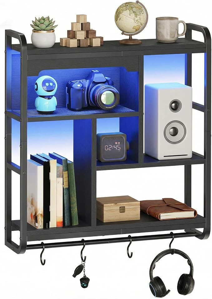 HOOBRO Gaming Floating Shelves with LED Lights, 26.4" LED Wall Mounted Shelf, Modern Corner Shelf 3-Tier Display Rack for Wall Storage, Arched Design, for Kitchen, Living Room, Study, Black BB44DBJ01