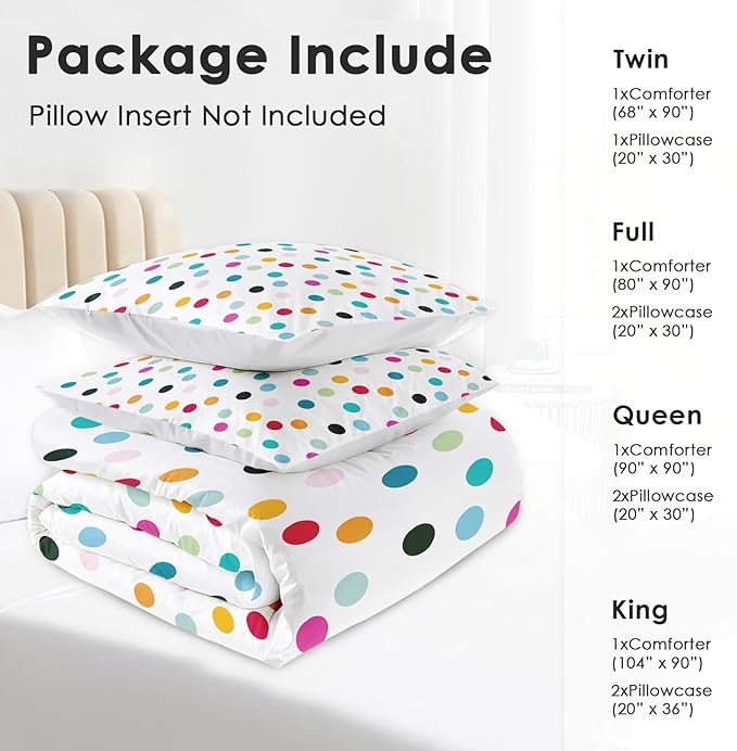 Comforter Set with 2 Pillowcases King Size, Fun Colorful Polka Dots, Bed Decor White Cute Girly Colored Circles for Kids and Adults, Soft Cozy Bedroom Bedding Set