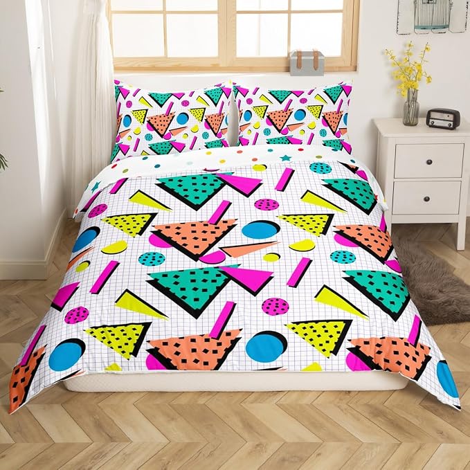 80s Bedding Set Memphis Pattern Old Fashion Comforter Cover,Vintage 90s Memphis Style Duvet Cover Abstract Geometric Pattern Retro Bed Set Full,Rainbow Urban Modern Circles Triangle Room Decor