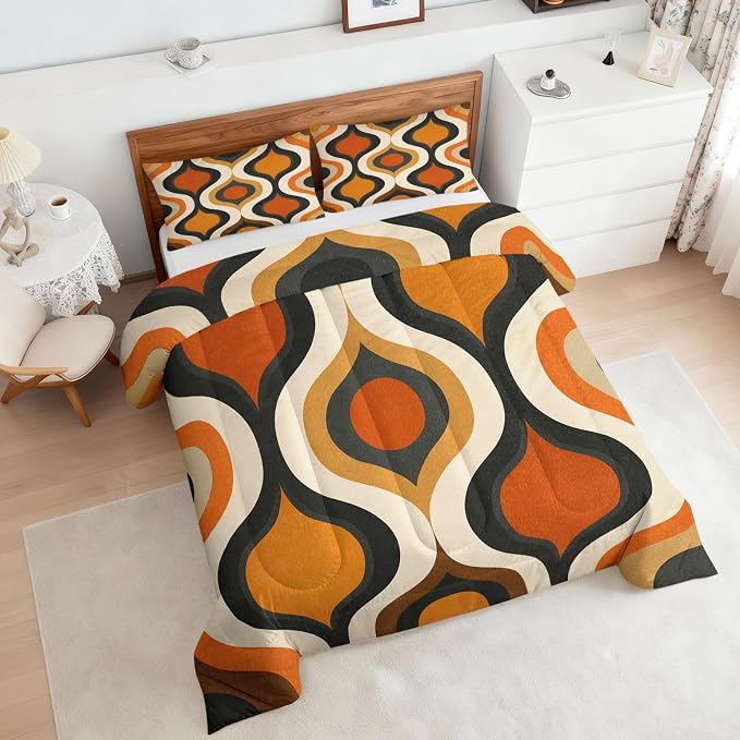 Retro Geometric Cal King Size Comforter Sets 3 Piece, Mid Century Modern Printed Pattern, Soft All Season Bed Comforter & 2 Pillow Sham, Vintage Groovy Bedroom Decor Reversible Bedding D-GM26