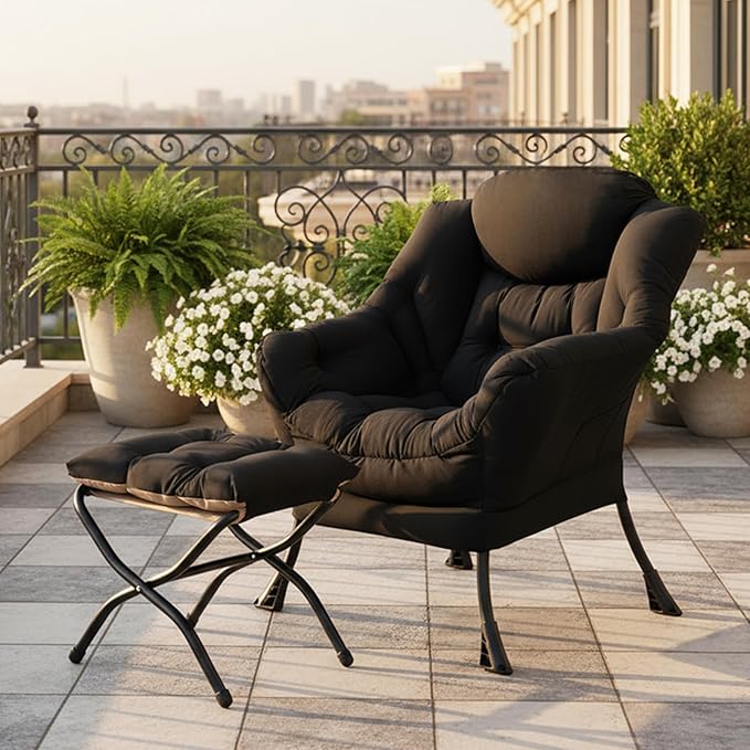 Tiita Lazy Chair with Ottoman, Black Modern Large Accent Chair, Comfy Leisure Sofa Armchair with Ottoman, Reading Chair with Footrest for Bedroom, Living Room, Dorm Rooms, Velvet Black