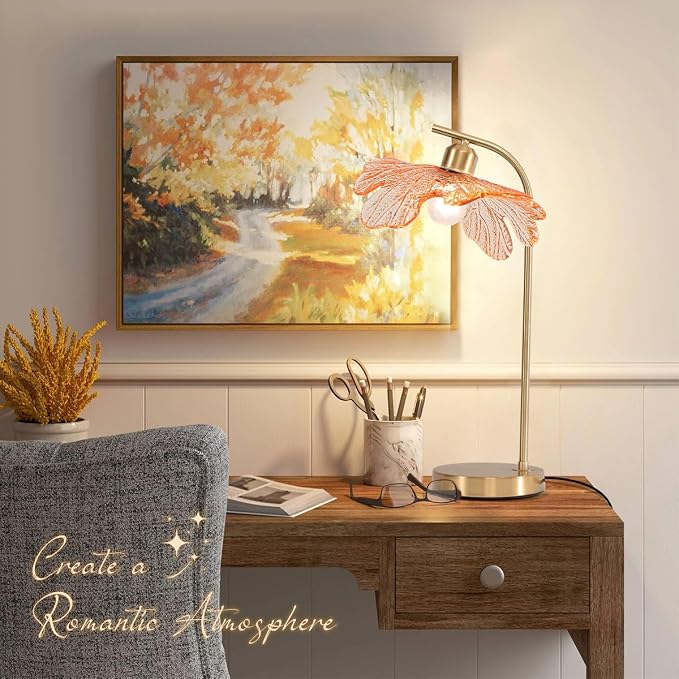 Mid Century Modern Table lamp Bedside Table Lamps with Touch Switch Amber Glass Tall Table lamp Gold Desk lamp nightstand lamp Small Table lamp for Bedroom Living Room Office