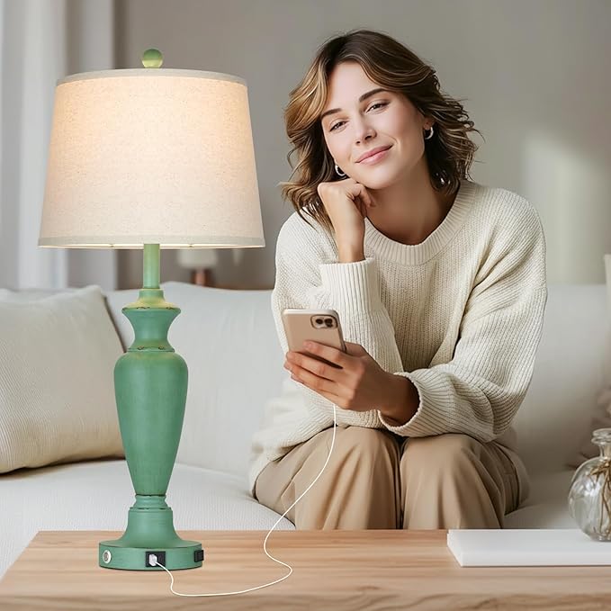 30" Tall Metal Table Lamps Set of 2, Touch Control Bedside Lamps for Bedroom Nightstand, 3-Way Dimmable Farmhouse Lamp for Living Room with Charging Ports, Retro Green (2 LED Bulbs Included)