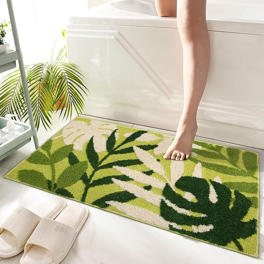 Hi Space Bathroom Rugs 31.5x19.7IN Green Leaves Bath Mat for Bathroom Non Slip Machine Washable Soft Microfiber Absorbent Cute Bath Rug Plush for Tub Shower Sink Fluffy Home Decor Accessories