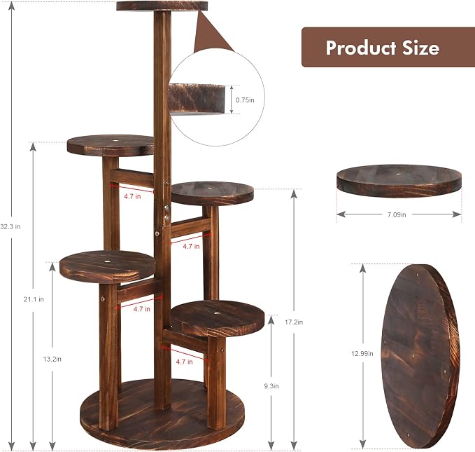5 Tier Plant Stand Indoor, Tall Wood Corner Plant Shelf for Multiple Plants, Multi-tiered Flower Pot Holder Display Rack for Living Room, Balcony, Patio (Carbonized Brown)