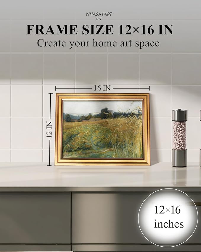 HUARCEY Gold Framed Vintage Wall Art for Living Room, Landscape Painting Prints Shelf Decor for Kitchen, Aesthetic Bedroom Wall Art, Best Gifts for Friends or Family - Harvest Whisper 16L x 12W