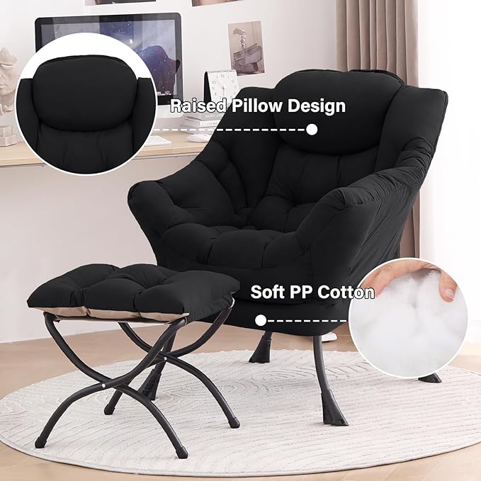 Tiita Lazy Chair with Ottoman, Black Modern Large Accent Chair, Comfy Leisure Sofa Armchair with Ottoman, Reading Chair with Footrest for Bedroom, Living Room, Dorm Rooms, Black