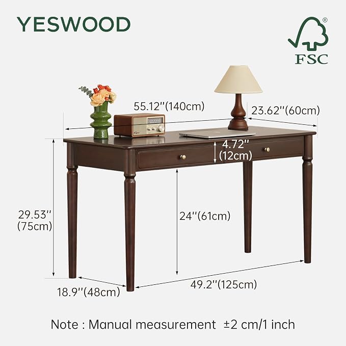 YESWOOD Solid Wood Computer Desk, Vintage Mid-Century Modern Home Office Desk Drawers, Writing Desk with Carved Legs for Study & Work 55.11" W