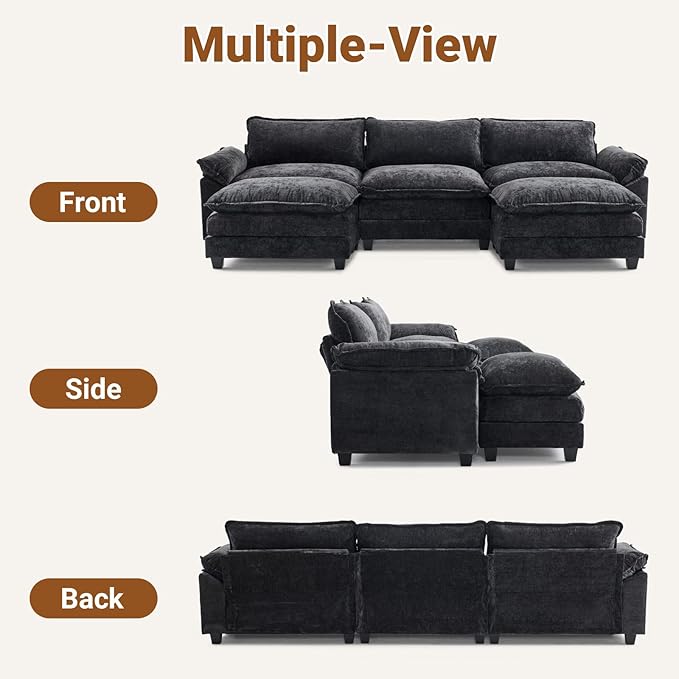 VINGLI 122" Cloud Double-Layer Deep Convertible Sectional Sofa, Comfy L-Shape 3-Seat Couches for Living Room, Modern Couch with Two Movable Ottoman for Small Space, Chenille Black