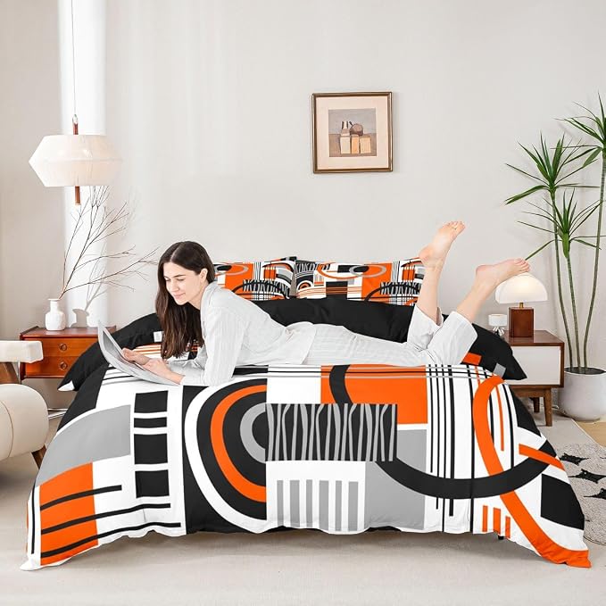 Erosebridal Art Deco Mid Century Duvet Cover Set Retro Modern Abstract Geometric Queen Bedding Set for Little Boys Black and White Orange Circles Stripes Comforter Cover Contemporary Bed Sets