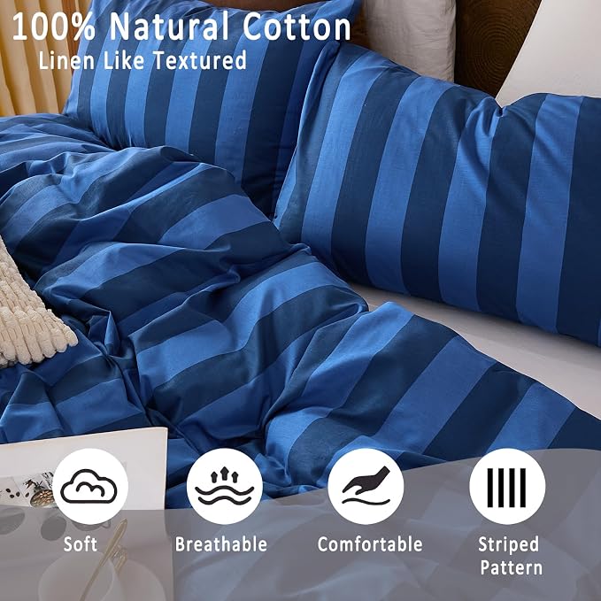 Merryword Blue Striped Duvet Cover Set Queen Size, 100% Natural Cotton Linen Like Duvet Cover Set with Zipper Closure & 8 Corner Ties, Dark Blue Soft Reversible Bedding for All Seasons