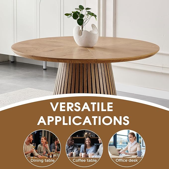 ODC 47" Modern Round Dining Table for 4, Natural Wood Grain Kitchen Table with Slatted Pedestal Base, Mid-Century Round Table for Dining Room, Small Dining Table for Kitchen & Home Office, Table Only