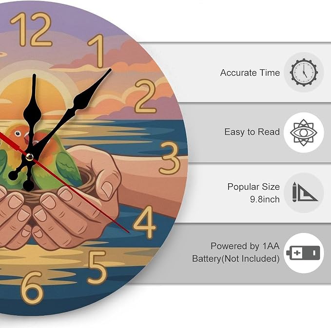 Nurturing Lovebirds Nest Wooden Wall Clock Silent Non-Ticking Quartz Frameless Art for Bedroom, Nursery, Office, Kitchen Decor, Housewarming Gift 10/12 inch