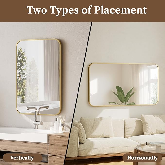 BEAUTYPEAK 24" x 36" Rectangular Aluminum Alloy Frame Wall Mounted Bathroom Mirror with Rounded Corners, Gold