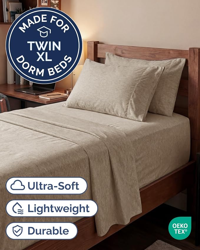 Extra Deep Twin XL Sheet Set - 4 Piece College Dorm Bed Sheets Set with Extra Deep Pockets - Ultra-Soft, Comfy & Breathable Bedding for Women, Men, Kids & Teens - Wrinkle & Fade Free - Heathered Beige