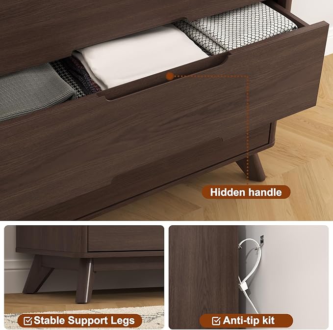 3 Drawer Dressers for Bedroom, 32" Large Wood Storage Dresser & Chest of Drawers with Charging Station, Wide Modern Dressers with 3 Drawer Storage Organizer for Bedroom Living Room Closet Brown
