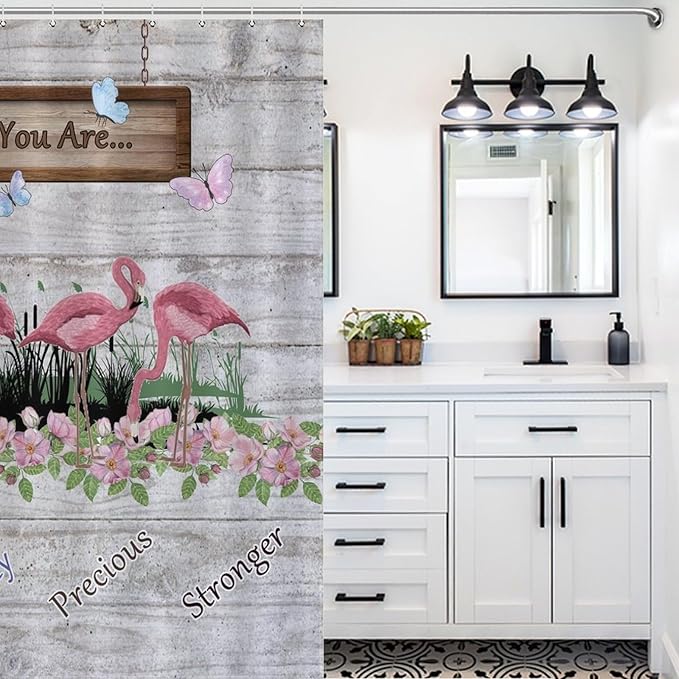 Flamingo Shower Curtain,Summer Beach Tropical Leaves Butterflys Floral with Inspirational Quotes Waterproof Shower Curtains for Bathroom Decor 12 Pack Hooks 72x72in (183x183cm)