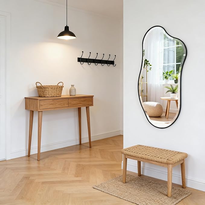 POZINO Irregular Beveled Mirror, 40"x20" Asymmetrical Vanity Wall Mirror with Black Metal Frame, Organic Shape Mirrors for Entryway Bathroom Bedroom Hallway Living Room, Horizontal/Vertical Hanging