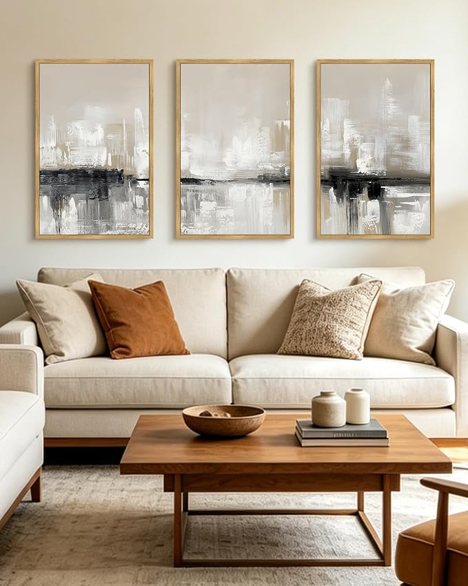 KUVIOKE Abstract Gray Framed Wall Art Neutral Brown Artwork Painting Morden Minimalist Wall Decor Rustic Home Decor 24x36in (Natural Framed)