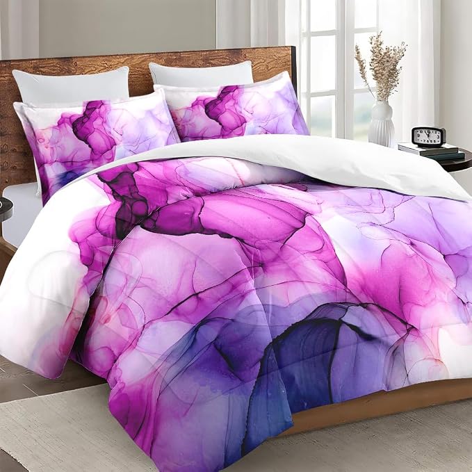 Comforter Set with Pillowcase Twin Size, Blue Purple Lavender Marble, Bed Decor Pink Watercolor Smoke Abstract Shapes for Kids and Adults, Soft Cozy Bedroom Bedding Set