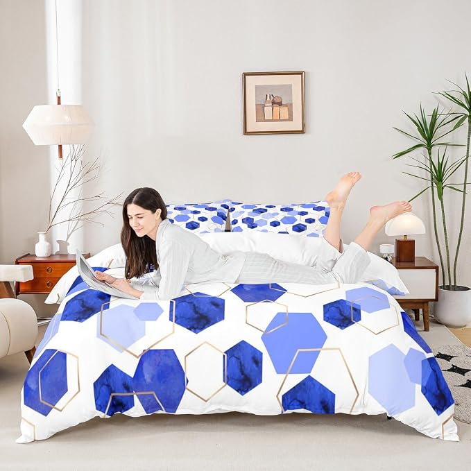 Erosebridal Blue Geometric Bedding Sets | Royal Blue Modern Abstract Kids Duvet Cover Geometric Marble Art Bed Set King | Watercolor Hexagon Aesthetic Bed Cover for Men Women (No Comforter)