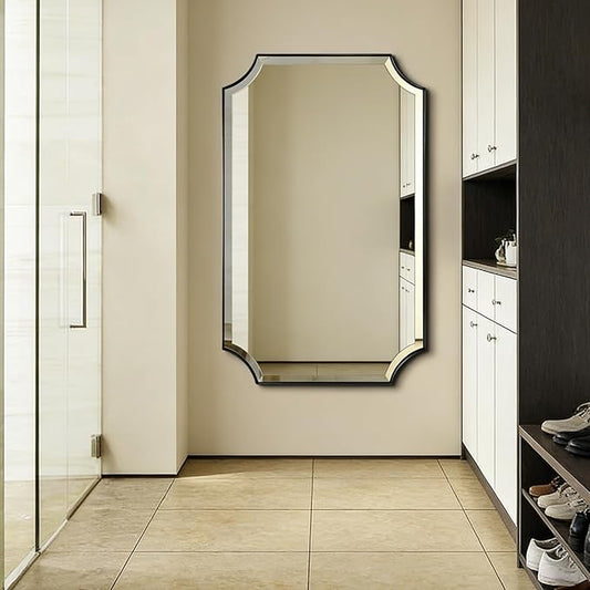 POZINO Rectangle Beveled Mirror, 24"x40" Bathroom Vanity Mirrors for Over Sink, Modern Matte Black Decorative Wall Mirror, Rounded Corner Oblong Mirrors for Living Room Bedroom Fireplace Entryway
