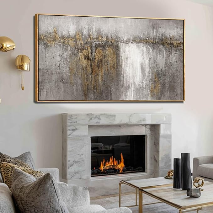 Neutral Canvas Arts Gold Wall Art Decor Framed Abstract Pictures Grey Prints Artwork for Living Room Bedroom Dining Room Home Office Decor 29”x58”